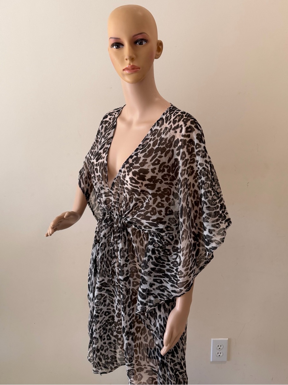 Grey Leopard Print Women’s Sheer Chiffon Beach Cover Up Mini Kaftan Dress Tunic - Picture 4 of 8